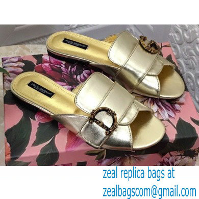 Dolce & Gabbana Leather Flat Sliders Gold With Baroque D & G Logo 2021 - Click Image to Close